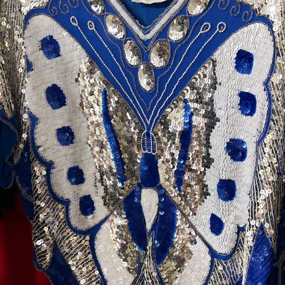 Gorgeous, blue silver white hand beaded silk top